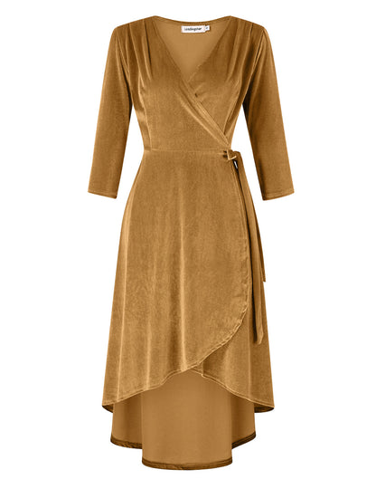 YESFASHION Women's Velvet V-Neck Long Sleeve Casual Party Dress Yellow