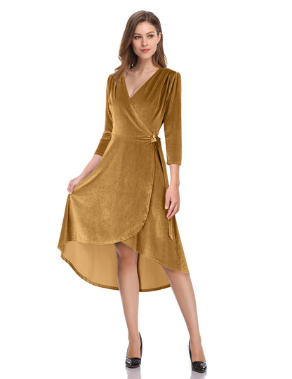 YESFASHION Women's Velvet V-Neck Long Sleeve Casual Party Dress Grey