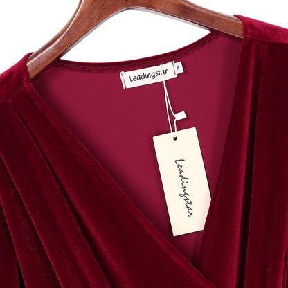 YESFASHION Women's Velvet V-Neck Long Sleeve Casual Party Dress Red