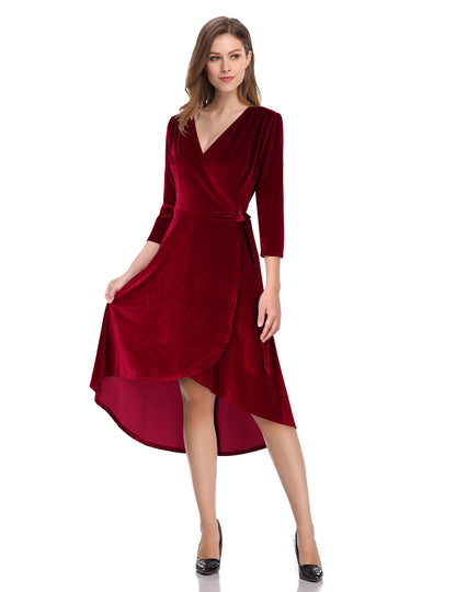YESFASHION Women's Velvet V-Neck Long Sleeve Casual Party Dress Grey