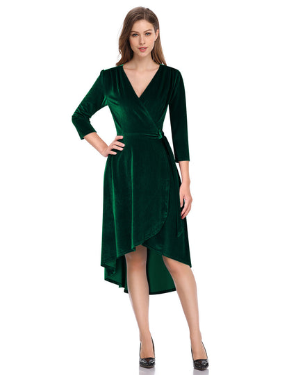 YESFASHION Women's Velvet V-Neck Long Sleeve Casual Party Dress Grey