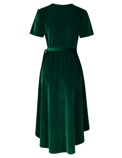 YESFASHION Women Velvet V-Neck Short Sleeve Empire Party Midi Dress