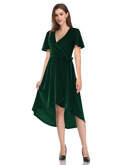 YESFASHION Women Velvet V-Neck Short Sleeve Empire Party Midi Dress Gold