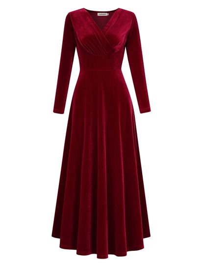 YESFASHION Women's V-Neck Velvet Smart Formal Party Maxi Dress Wine Red