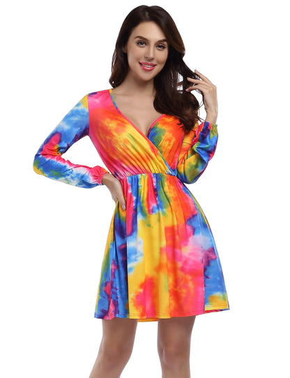 YESFASHION Women V Neck Skating Dress Long Sleeves Printed Casual Dress Rainbow