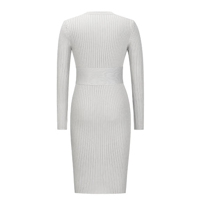 YESFASHION Puff Long Sleeve Knitted Midi Skirt Dress