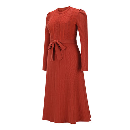 YESFASHION Puff Long Sleeve Knitted Midi Skirt Dress