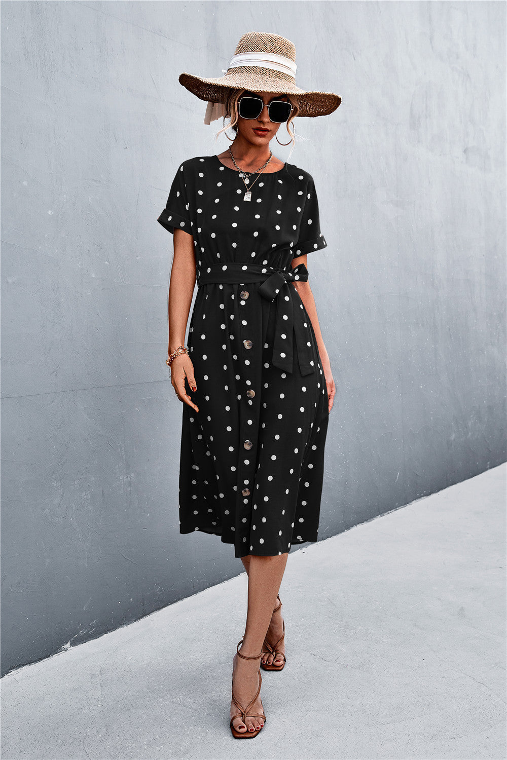 YESFASHION Hot Spring Hot Style Single-breasted Polka Dot Dress