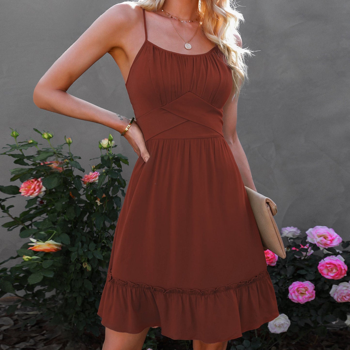 YESFASHION Women Ruffled Suspender Dress