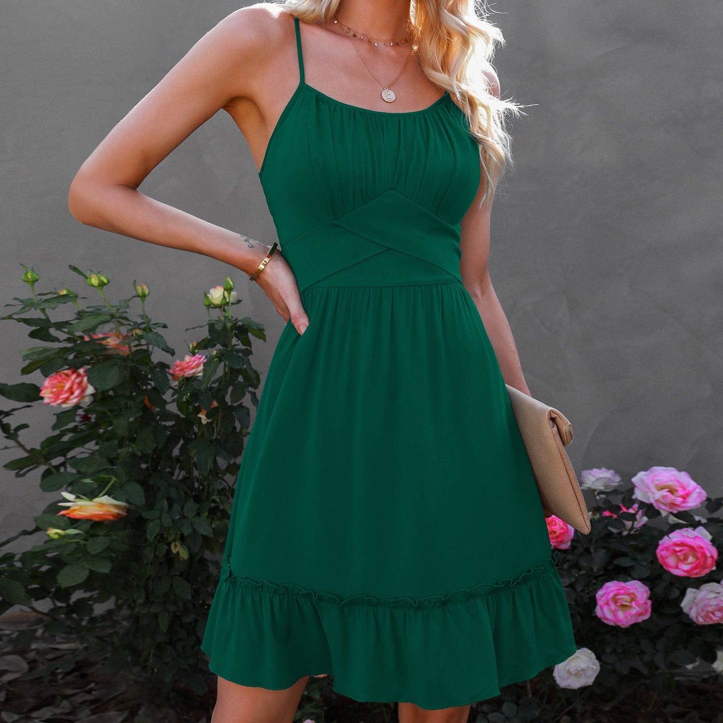 YESFASHION Women Ruffled Suspender Dress