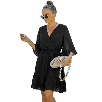 YESFASHION Women V-neck Solid Color Polka Dot Chiffon Dress