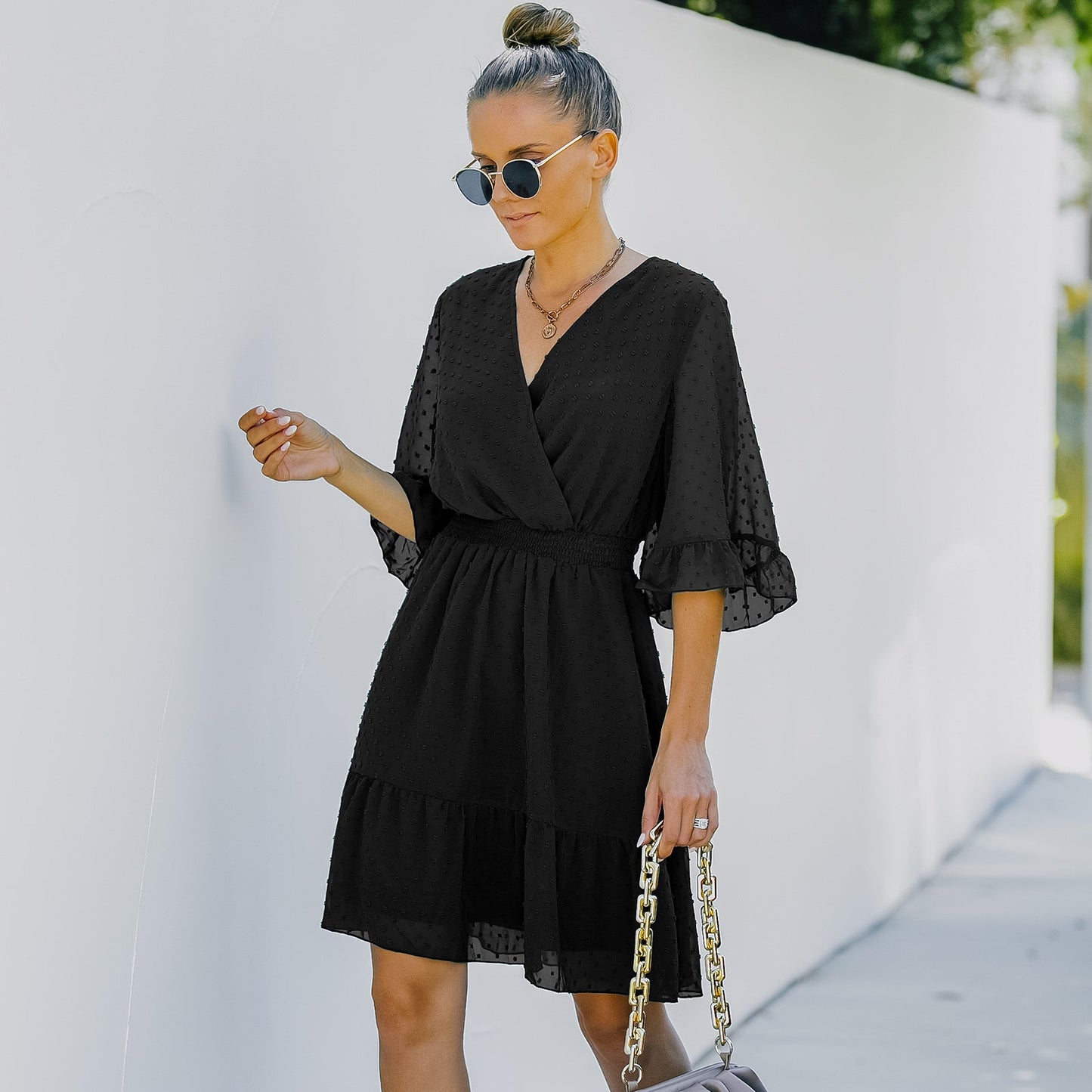 YESFASHION Women V-neck Solid Color Polka Dot Chiffon Dress