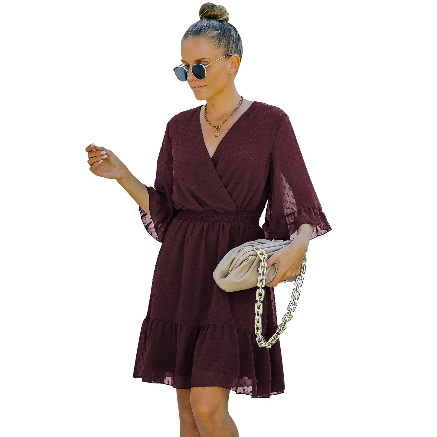 YESFASHION Women V-neck Solid Color Polka Dot Chiffon Dress