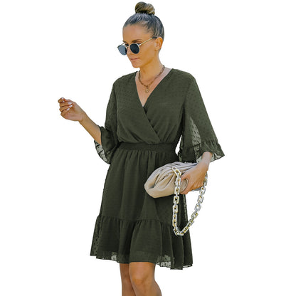 YESFASHION Women V-neck Solid Color Polka Dot Chiffon Dress