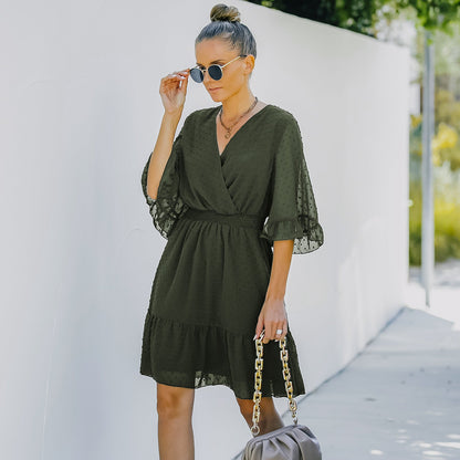 YESFASHION Women V-neck Solid Color Polka Dot Chiffon Dress