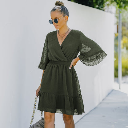 YESFASHION Women V-neck Solid Color Polka Dot Chiffon Dress