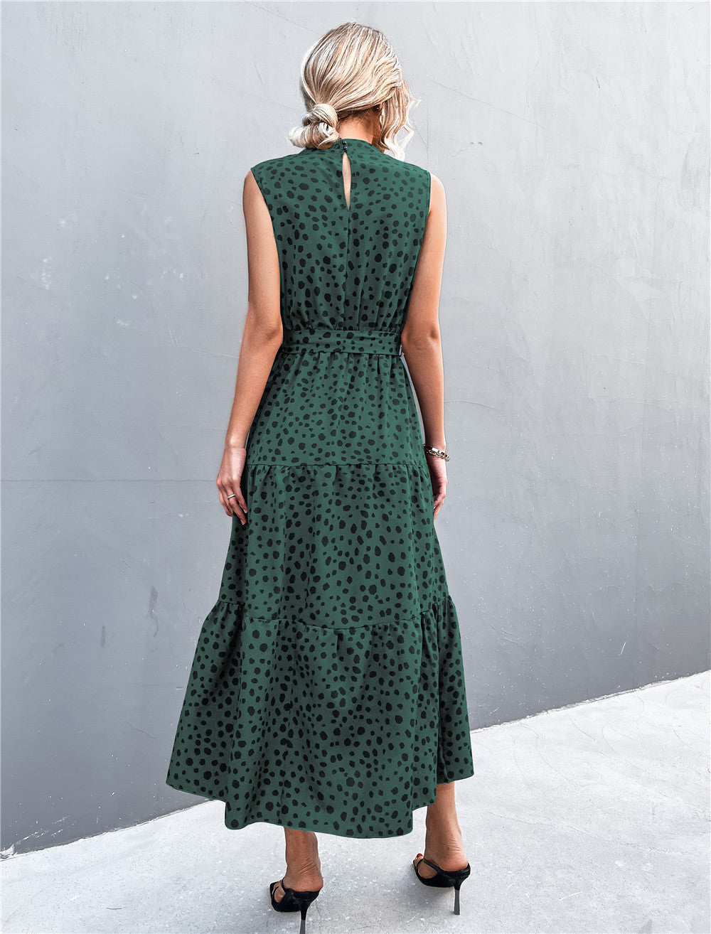 YESFASHION Belt Tie Knot Sleeveless Dotted Ladies Dress