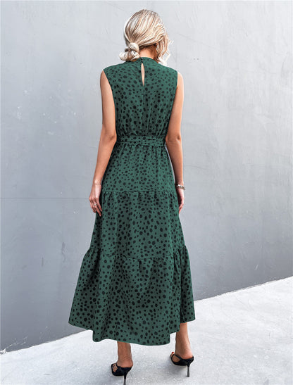 YESFASHION Belt Tie Knot Sleeveless Dotted Ladies Dress