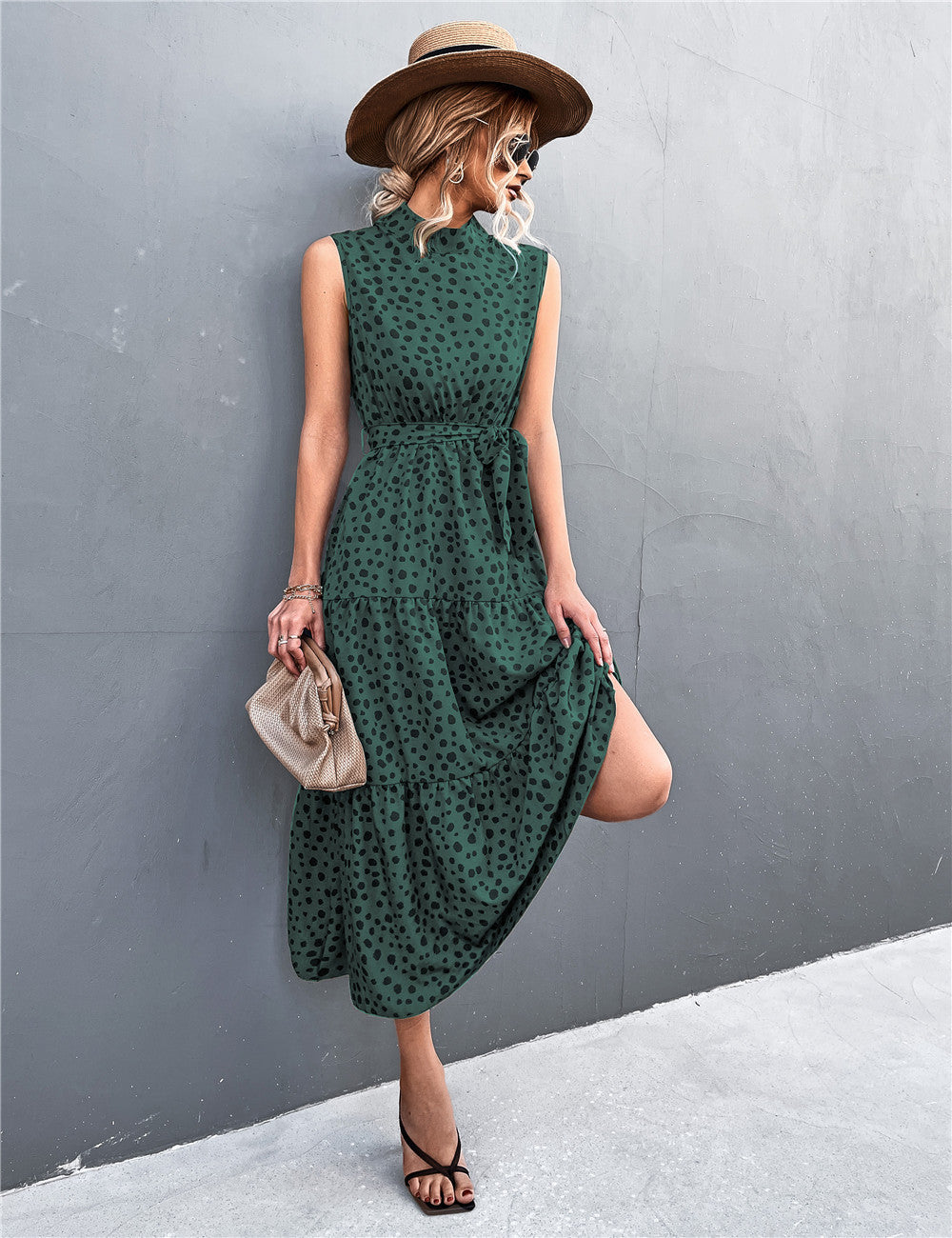 YESFASHION Belt Tie Knot Sleeveless Dotted Ladies Dress