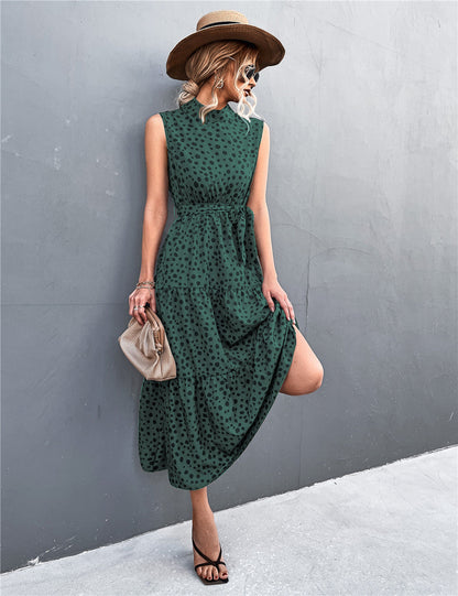 YESFASHION Belt Tie Knot Sleeveless Dotted Ladies Dress