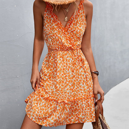 YESFASHION 2023 New Hot Sale V-neck Tie Ruffle Floral Sling Dress