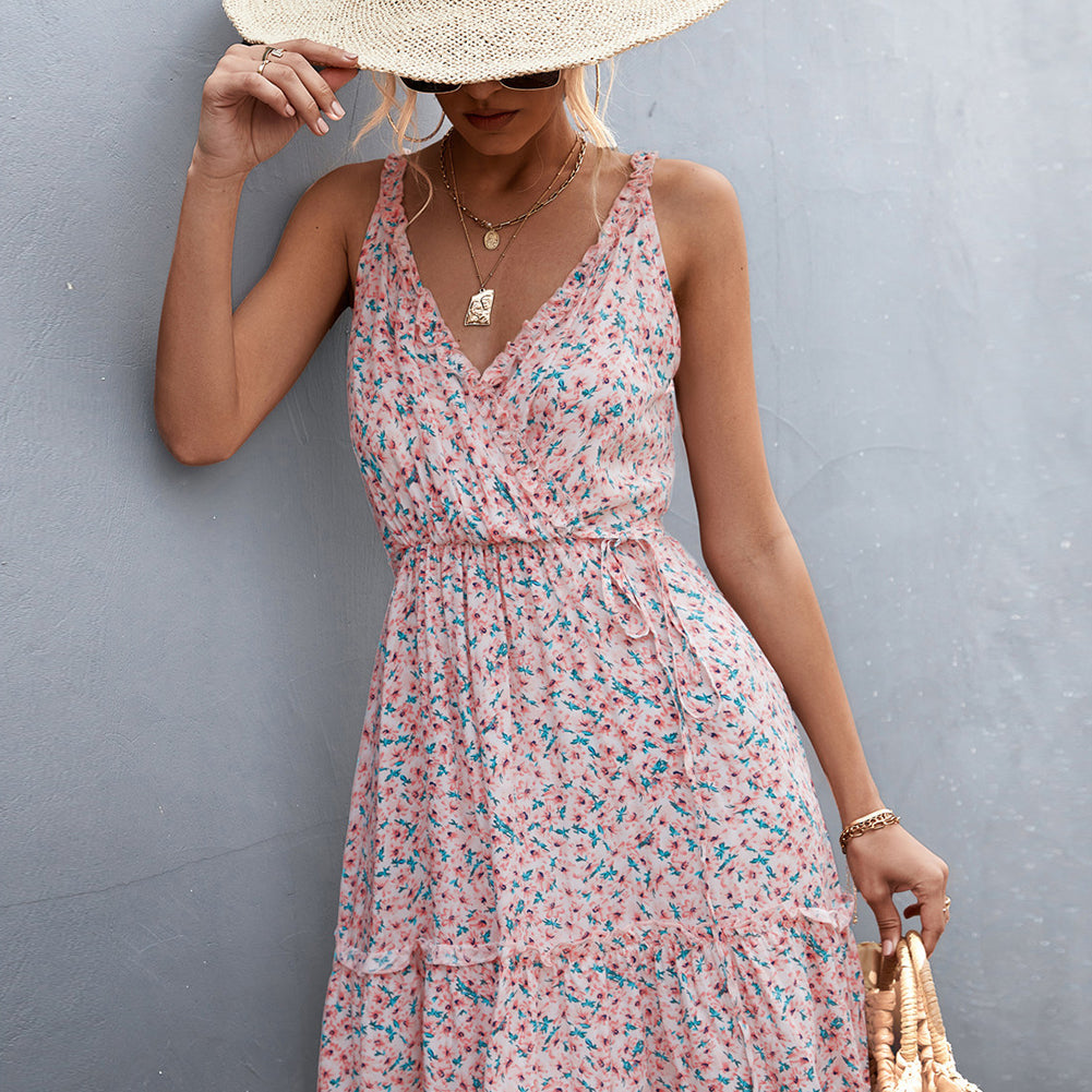 YESFASHION 2023 New Hot Sale V-neck Tie Ruffle Floral Sling Dress