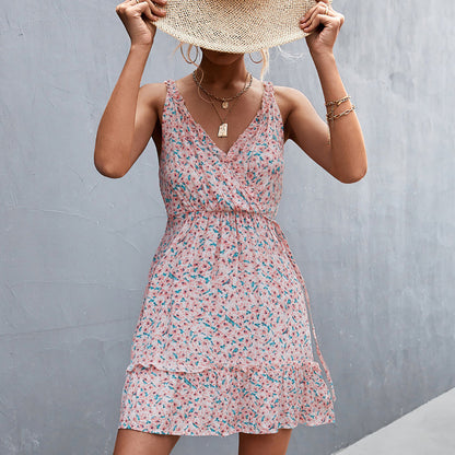 YESFASHION 2023 New Hot Sale V-neck Tie Ruffle Floral Sling Dress