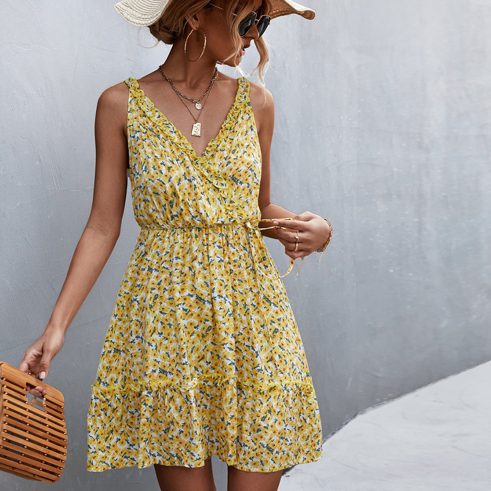 YESFASHION 2023 New Hot Sale V-neck Tie Ruffle Floral Sling Dress