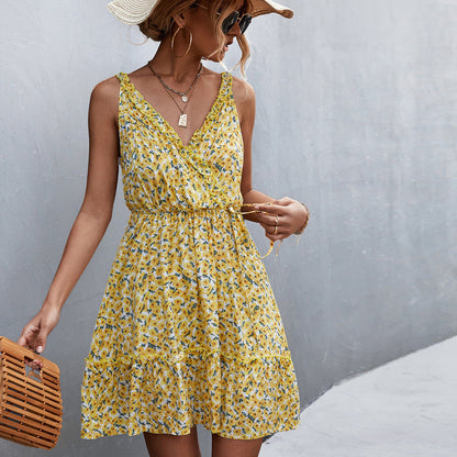 YESFASHION 2023 New Hot Sale V-neck Tie Ruffle Floral Sling Dress