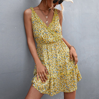 YESFASHION 2023 New Hot Sale V-neck Tie Ruffle Floral Sling Dress