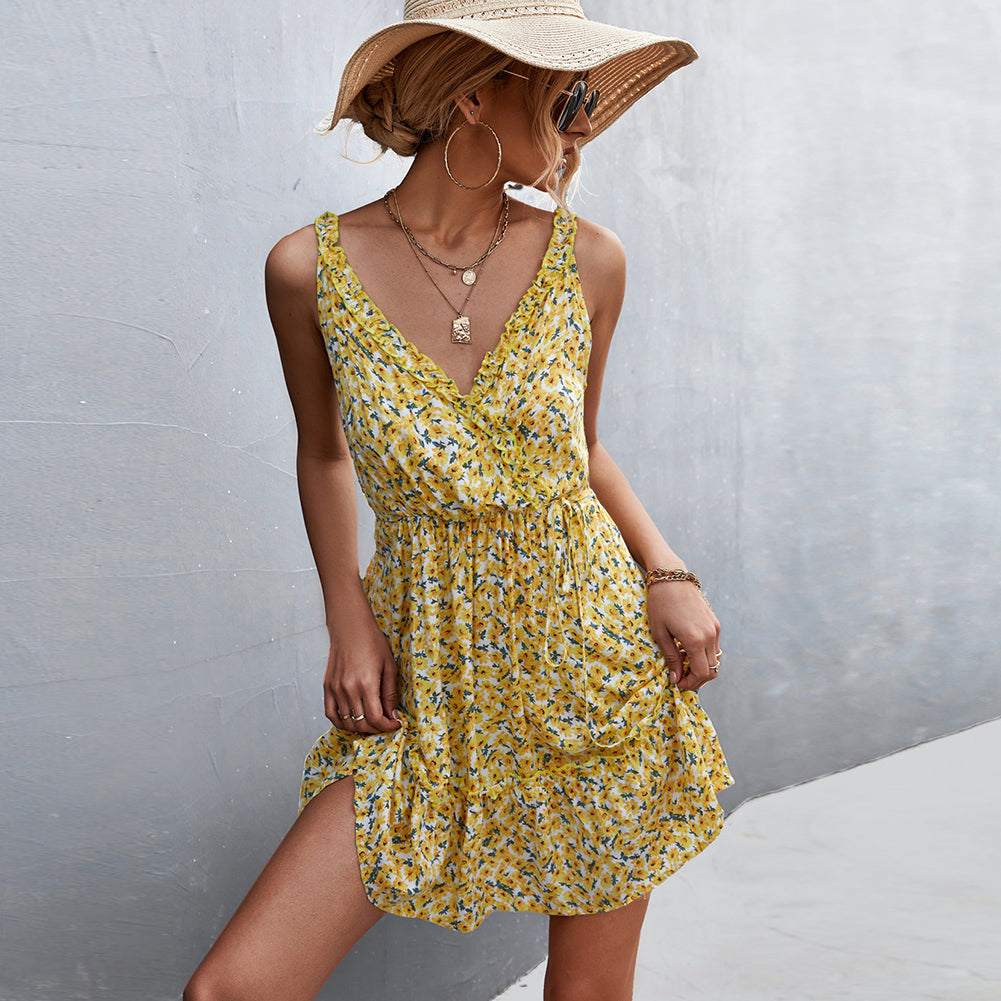 YESFASHION 2023 New Hot Sale V-neck Tie Ruffle Floral Sling Dress