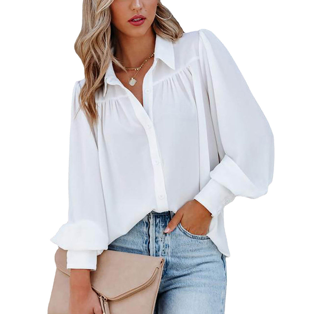 Women Button Up Top Lantern Sleeve Pleated Solid Color Stand Collar Loose Long Sleeve Shirt