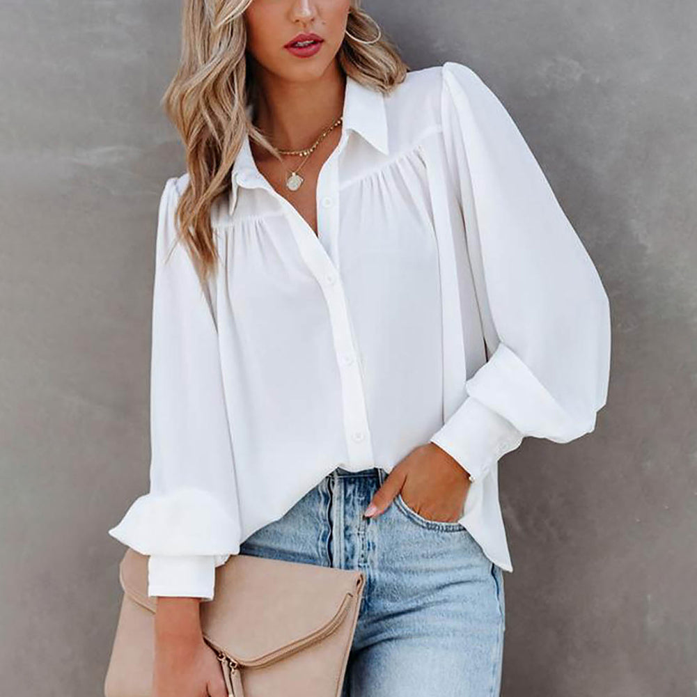 Women Button Up Top Lantern Sleeve Pleated Solid Color Stand Collar Loose Long Sleeve Shirt