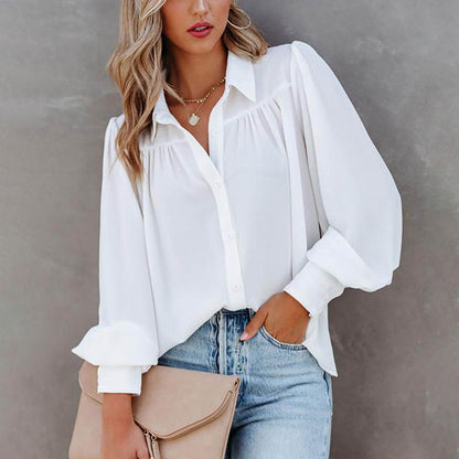 Women Button Up Top Lantern Sleeve Pleated Solid Color Stand Collar Loose Long Sleeve Shirt