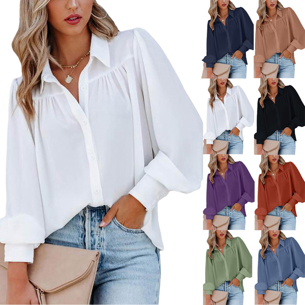 Women Button Up Top Lantern Sleeve Pleated Solid Color Stand Collar Loose Long Sleeve Shirt