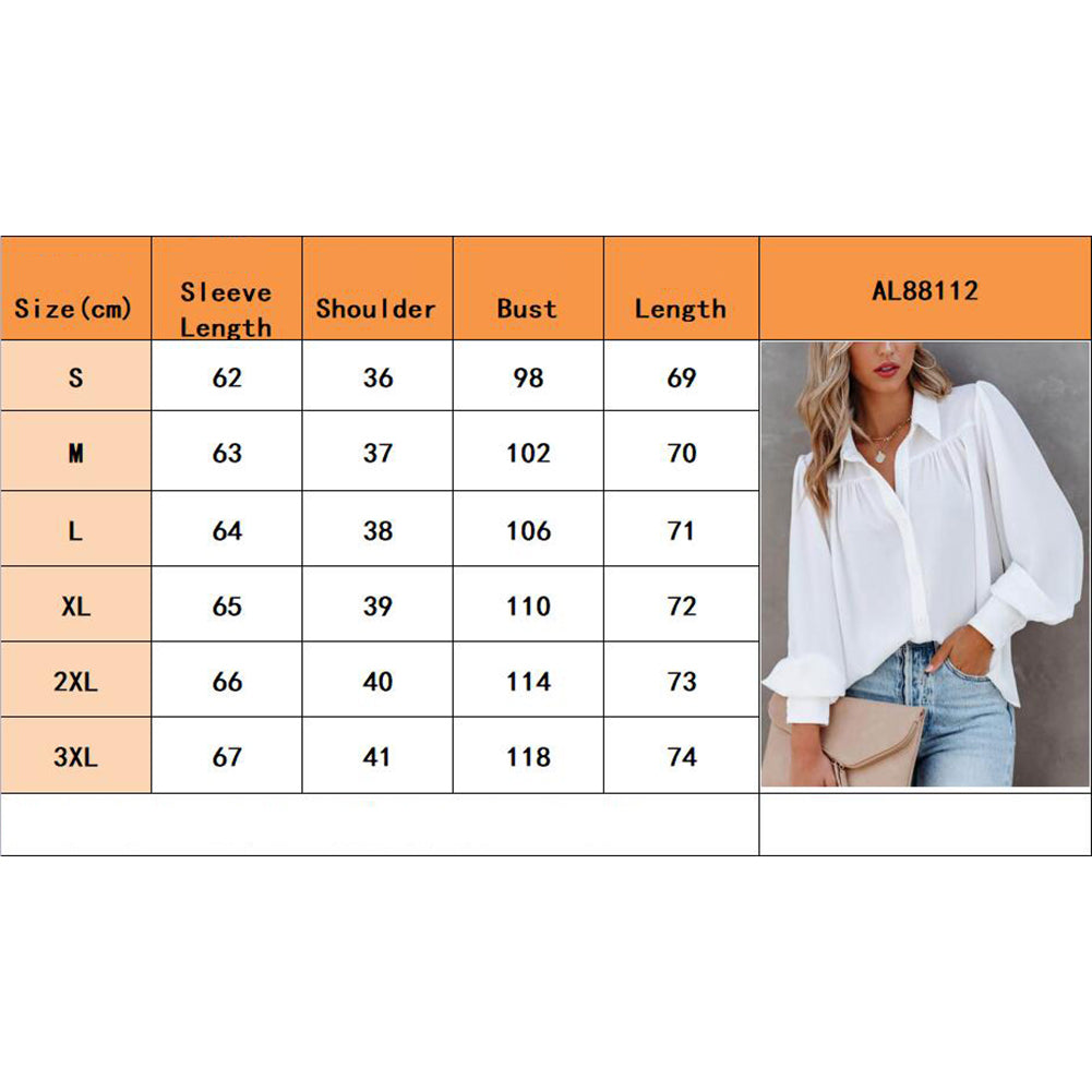 Women Button Up Top Lantern Sleeve Pleated Solid Color Stand Collar Loose Long Sleeve Shirt