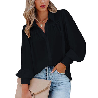 Women Button Up Top Lantern Sleeve Pleated Solid Color Stand Collar Loose Long Sleeve Shirt