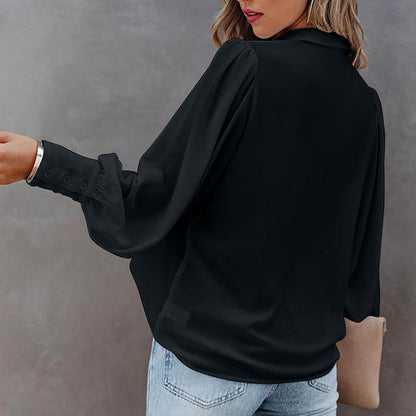 Women Button Up Top Lantern Sleeve Pleated Solid Color Stand Collar Loose Long Sleeve Shirt