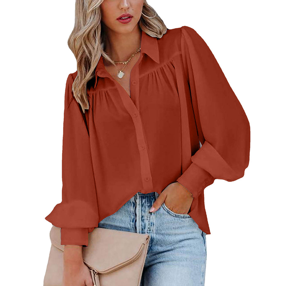 Women Button Up Top Lantern Sleeve Pleated Solid Color Stand Collar Loose Long Sleeve Shirt