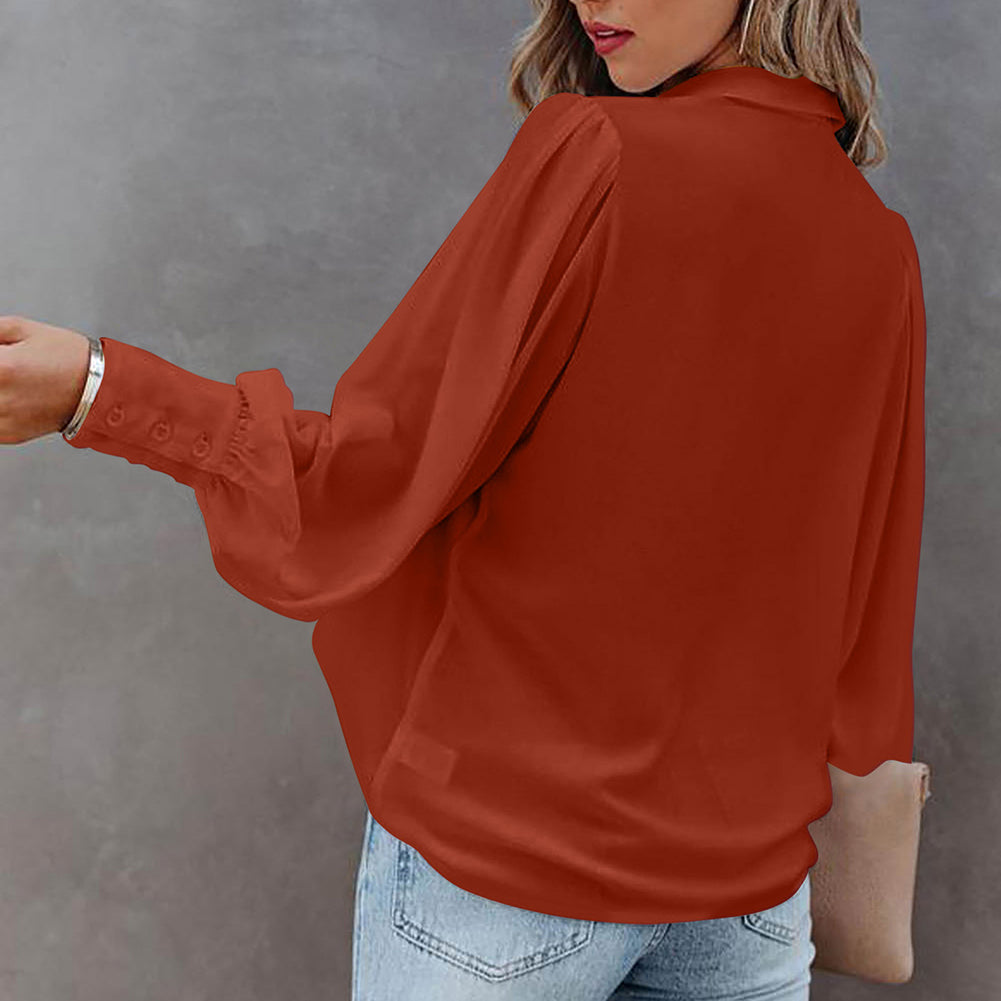 Women Button Up Top Lantern Sleeve Pleated Solid Color Stand Collar Loose Long Sleeve Shirt