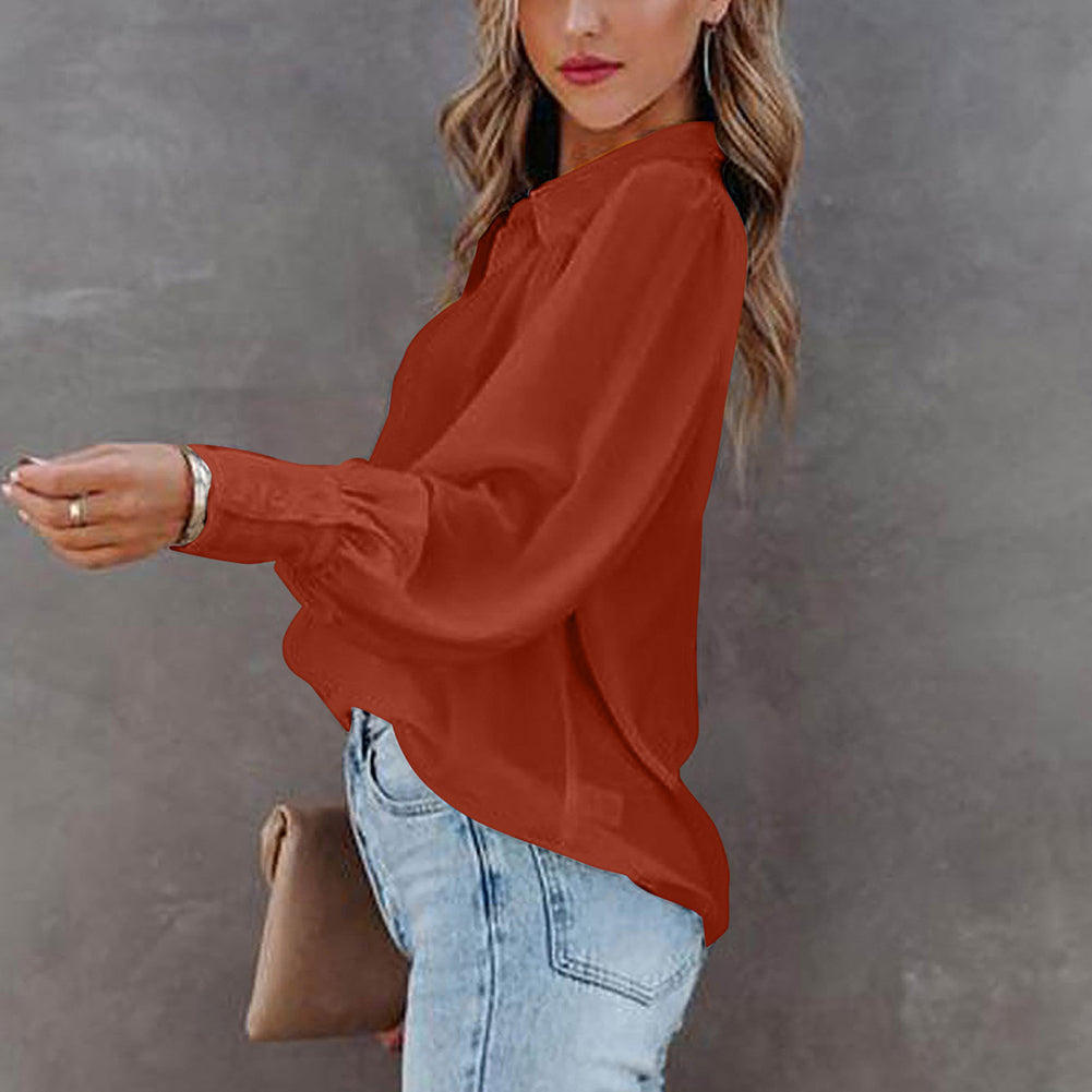 Women Button Up Top Lantern Sleeve Pleated Solid Color Stand Collar Loose Long Sleeve Shirt