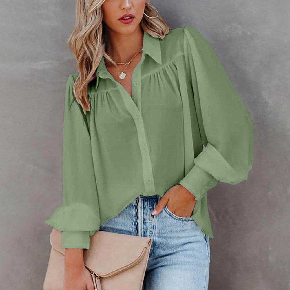 Women Button Up Top Lantern Sleeve Pleated Solid Color Stand Collar Loose Long Sleeve Shirt