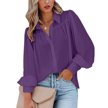 Women Button Up Top Lantern Sleeve Pleated Solid Color Stand Collar Loose Long Sleeve Shirt