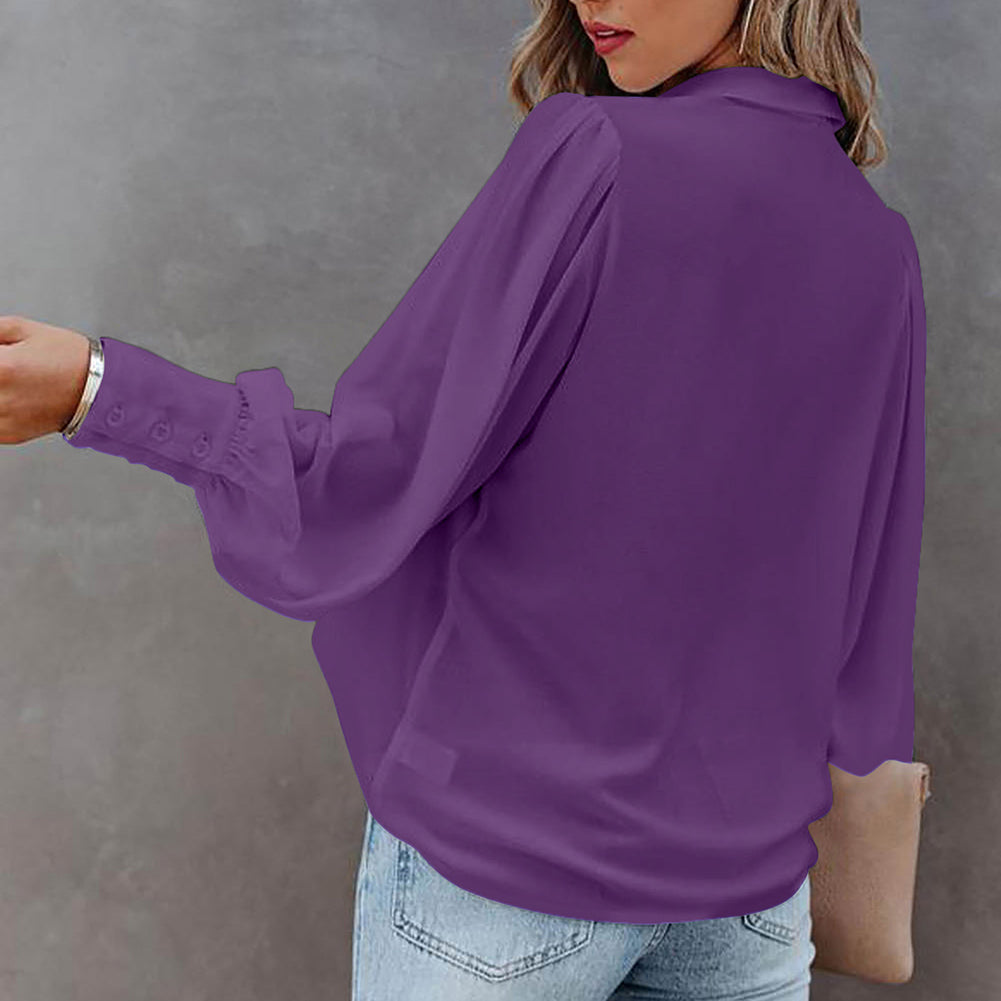 Women Button Up Top Lantern Sleeve Pleated Solid Color Stand Collar Loose Long Sleeve Shirt