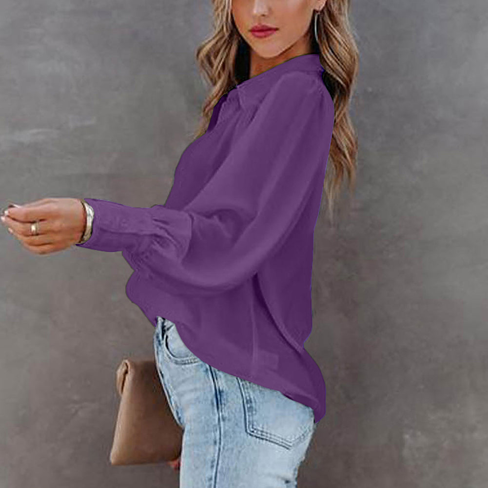 Women Button Up Top Lantern Sleeve Pleated Solid Color Stand Collar Loose Long Sleeve Shirt