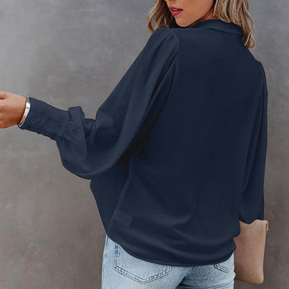 Women Button Up Top Lantern Sleeve Pleated Solid Color Stand Collar Loose Long Sleeve Shirt