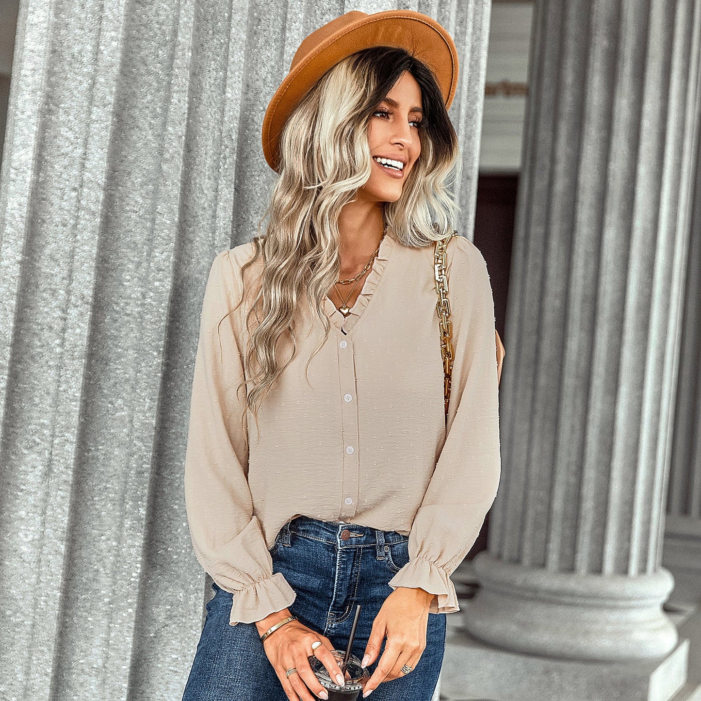 YESFASHION V-neck Shirts Women Fashion Casual Polka Dot Shirts