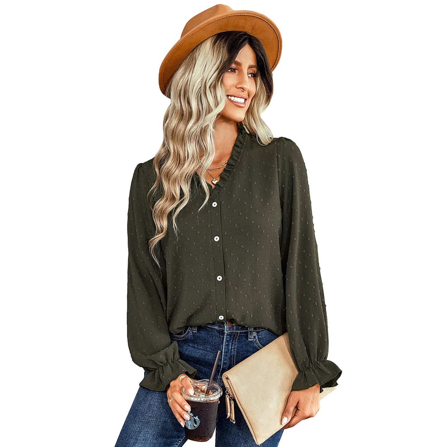 YESFASHION V-neck Shirts Women Fashion Casual Polka Dot Shirts