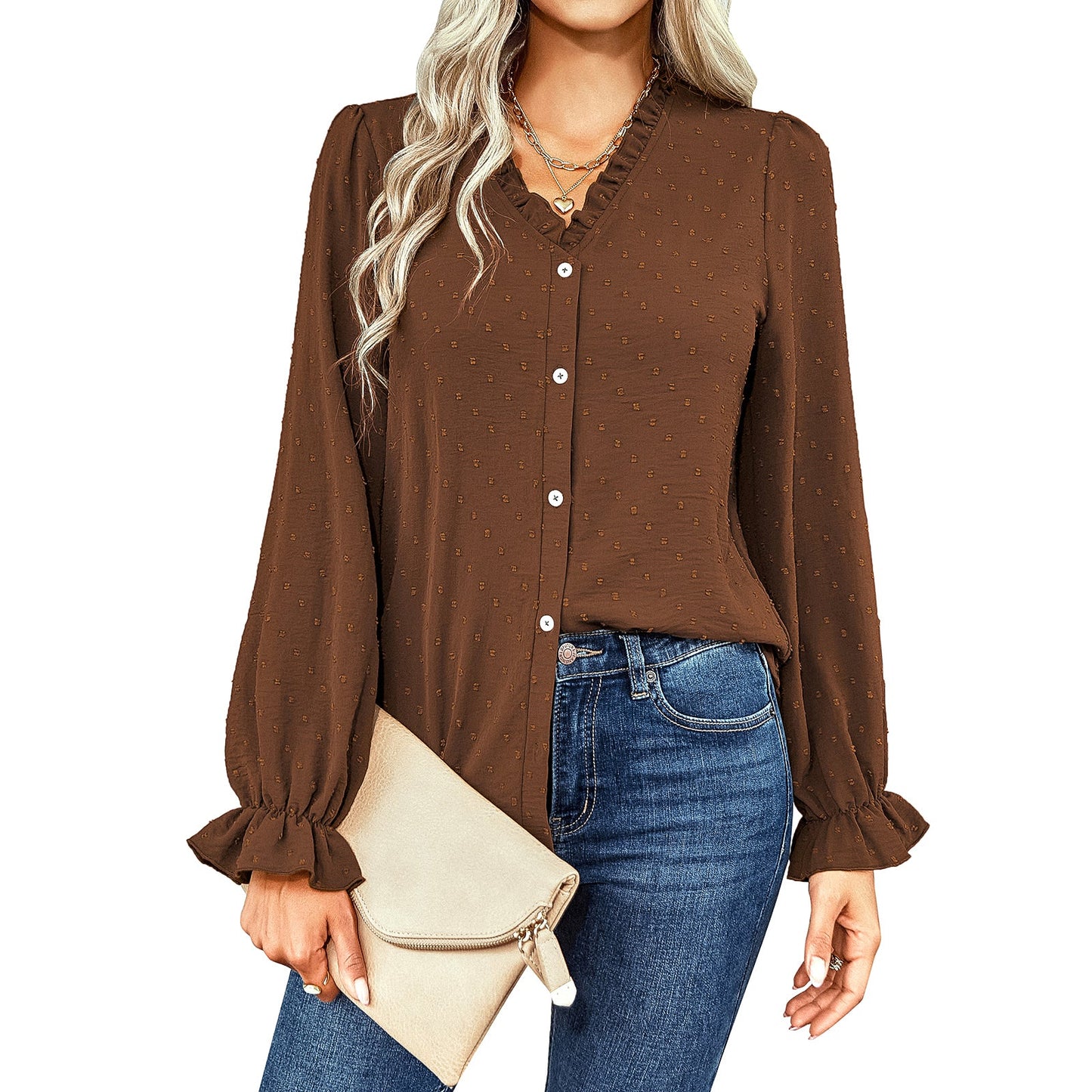 YESFASHION V-neck Shirts Women Fashion Casual Polka Dot Shirts