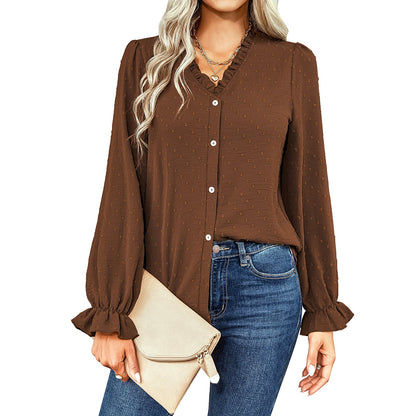 YESFASHION V-neck Shirts Women Fashion Casual Polka Dot Shirts